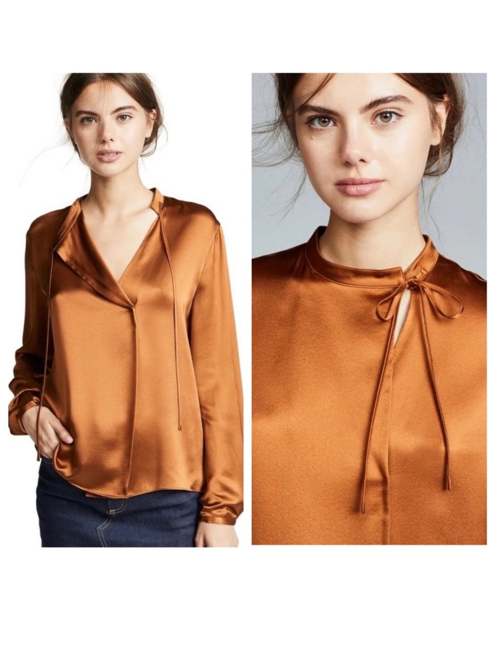 Vince Copper Tie-Neck Satin Blouse 100% silk